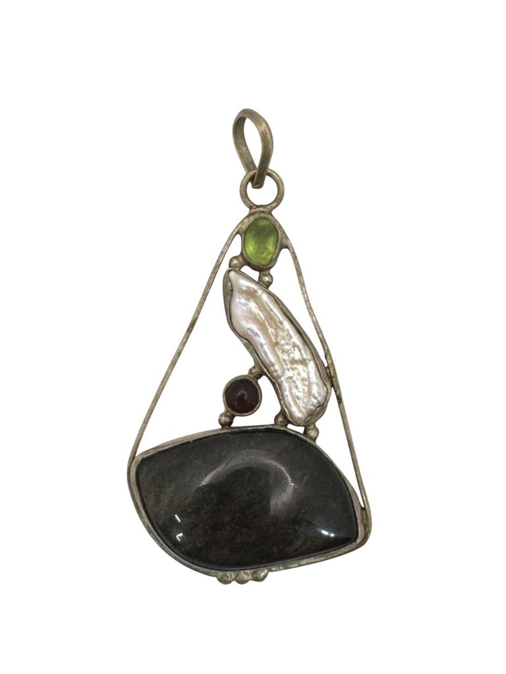 Abstract Sterling Silver Pendant Agate Baroque Pearl Peridot Garnet Artisan VTG